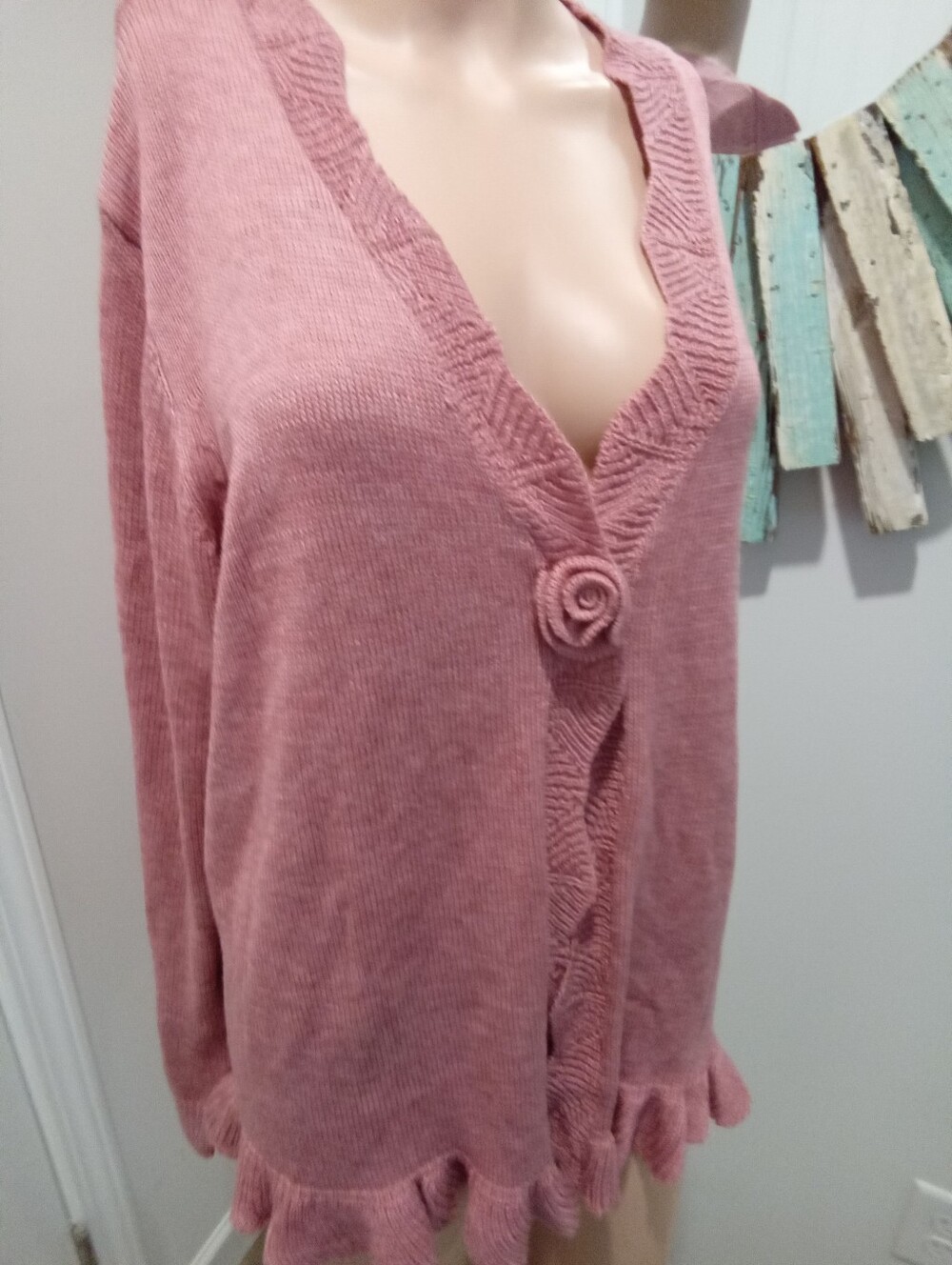 BloomChic Sz 12 NWT Pink Ruffled Rosette Knit Wool Blend Cardigan Sweater - Picture 4 of 13